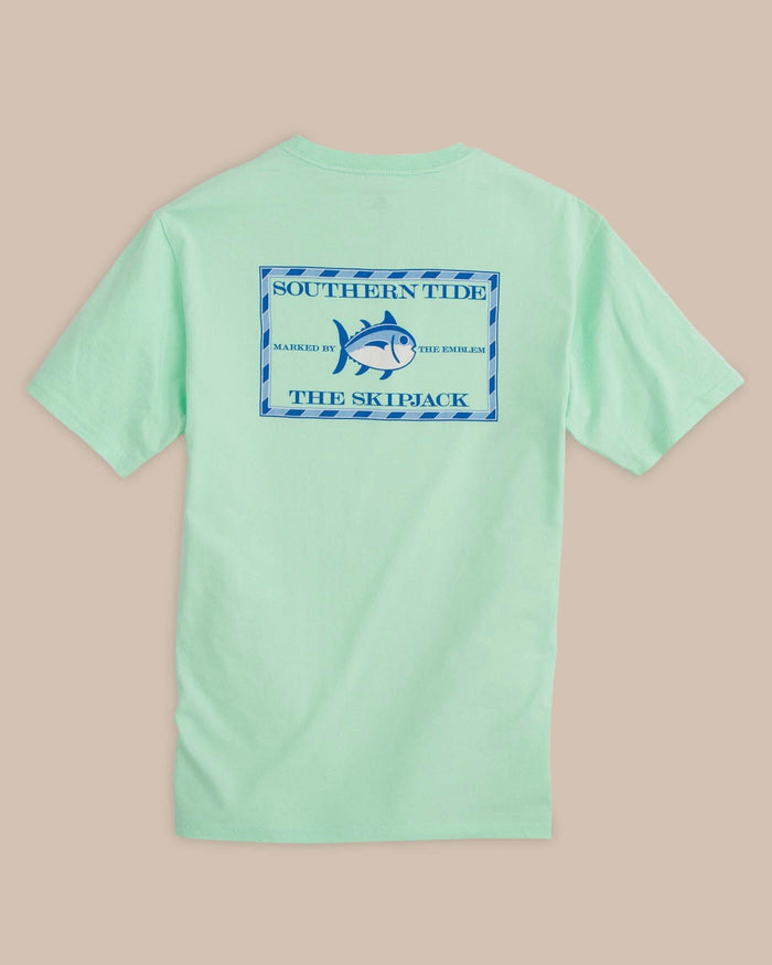 The back view of the Men's Green Original Skipjack Short Sleeve T-Shirt by Southern Tide - Offshore Green