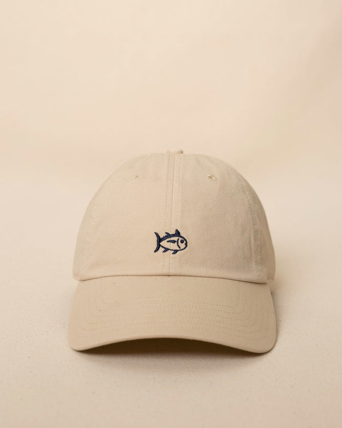 The front view of the Southern Tide Outline Skipjack Leather Strap Hat by Southern Tide - Sand Dune