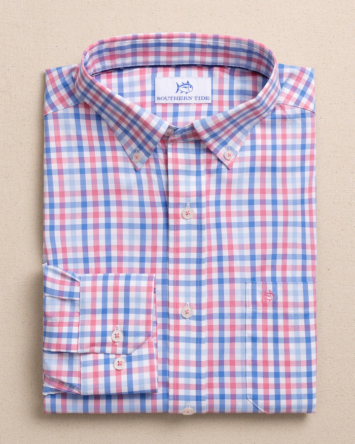 The front view of the Southern Tide Palm Valley Coastal Breeze® Sport Shirt by Southern Tide - Island Pink