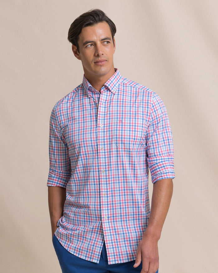The front view of the Southern Tide Palm Valley Coastal Breeze® Sport Shirt by Southern Tide - Island Pink