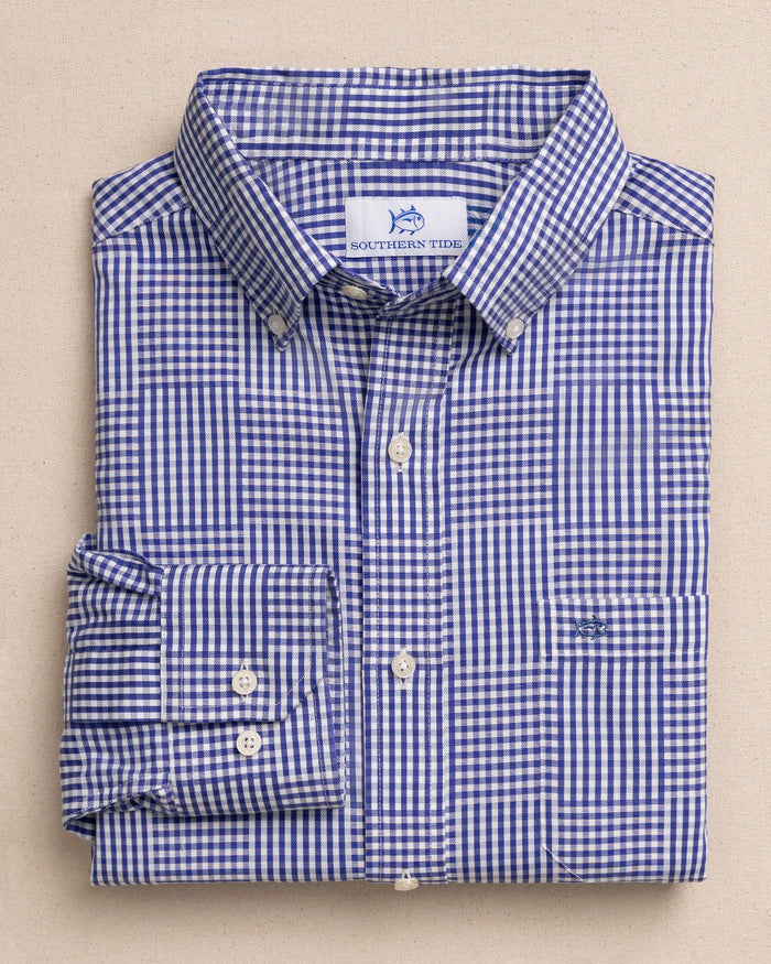 The front view of the Southern Tide Palmetto Point Gingham Sport Shirt by Southern Tide - Nautical Blue