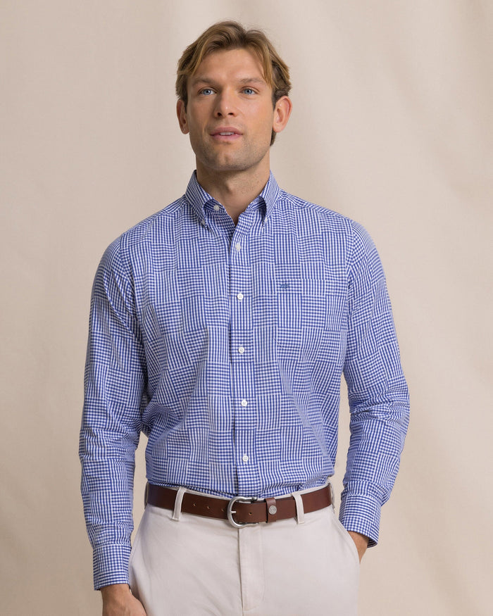 The front view of the Southern Tide Palmetto Point Gingham Sport Shirt by Southern Tide - Nautical Blue