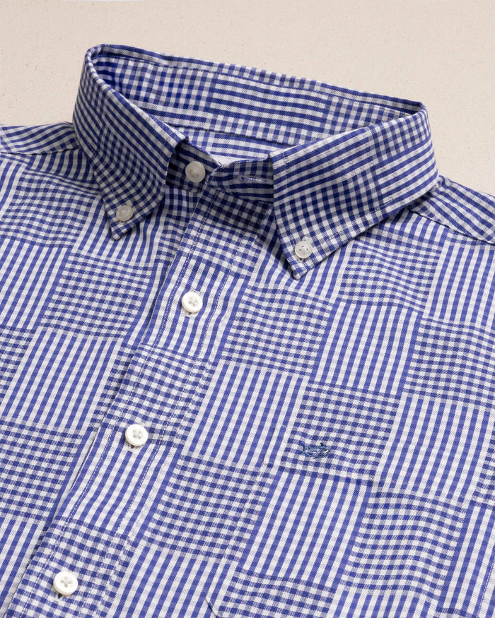 The detail view of the Southern Tide Palmetto Point Gingham Sport Shirt by Southern Tide - Nautical Blue