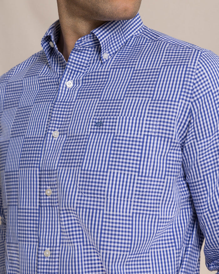 The detail view of the Southern Tide Palmetto Point Gingham Sport Shirt by Southern Tide - Nautical Blue