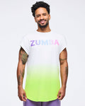 Man wearing a pastel ombré T-shirt that fades from green at the bottom to white at the top, with “Zumba” spelled in pastel colors across the chest, on a white background.