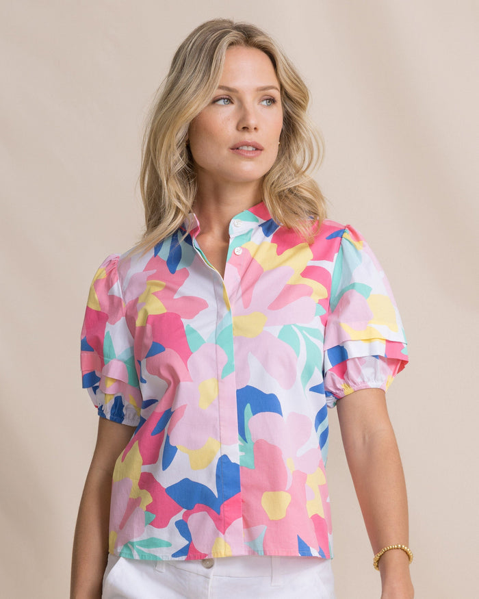 The front view of the Southern Tide Payge Floral Print Poplin Top by Southern Tide - Classic White