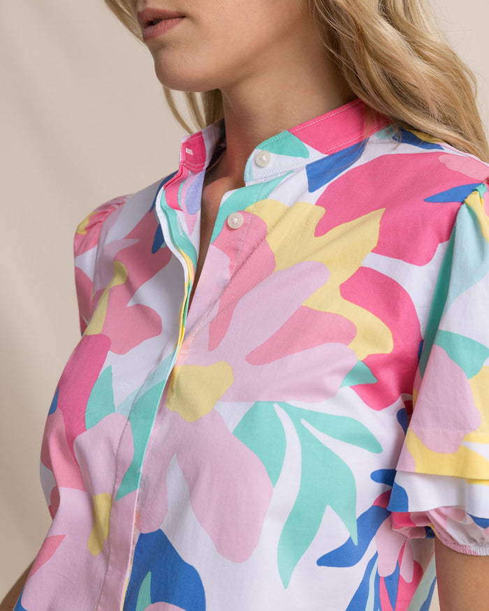 The detail view of the Southern Tide Payge Floral Print Poplin Top by Southern Tide - Classic White