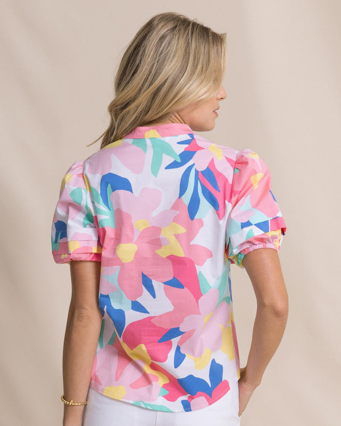 The back view of the Southern Tide Payge Floral Print Poplin Top by Southern Tide - Classic White