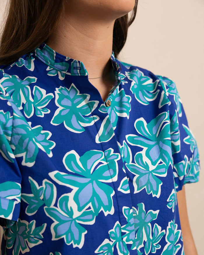 The detail view of the Southern Tide Payge Poplin Top by Southern Tide - Surf Blue