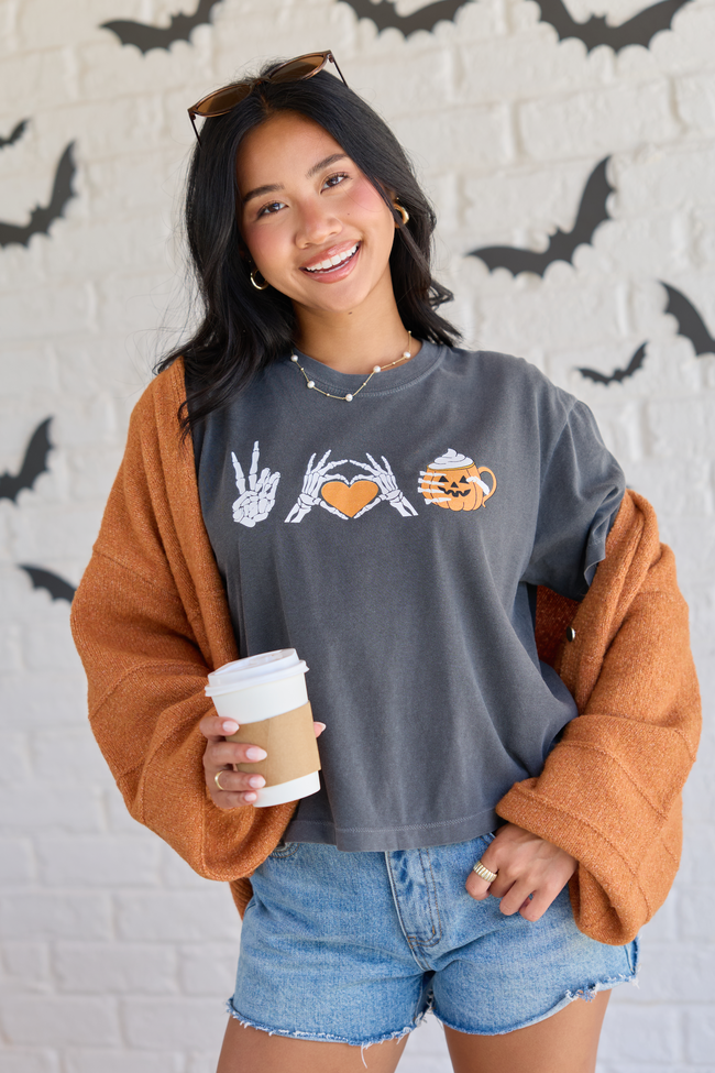 Peace, Love, and Pumpkin Spice Latte Dark Grey Boxy Graphic Tee