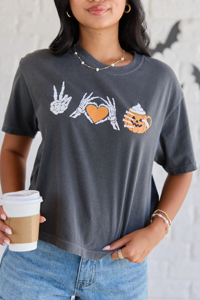 Peace, Love, and Pumpkin Spice Latte Dark Grey Boxy Graphic Tee