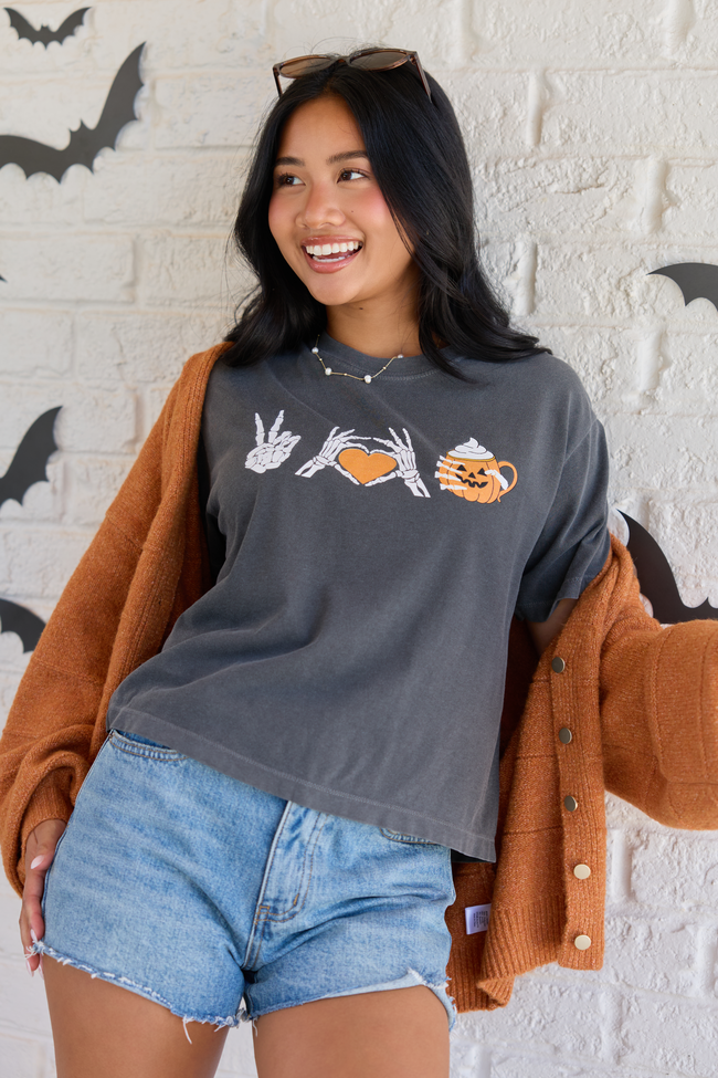 Peace, Love, and Pumpkin Spice Latte Dark Grey Boxy Graphic Tee