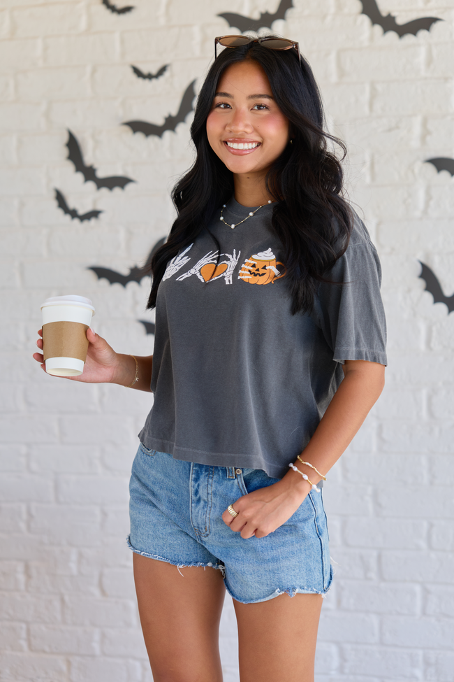 Peace, Love, and Pumpkin Spice Latte Dark Grey Boxy Graphic Tee