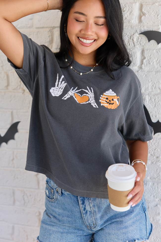 Peace, Love, and Pumpkin Spice Latte Dark Grey Boxy Graphic Tee