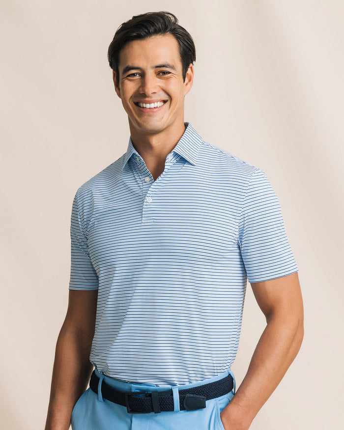 The front view of the Southern Tide Pelican Landing Stripe Coastal Breeze® Performance Polo by Southern Tide - Ocean Channel