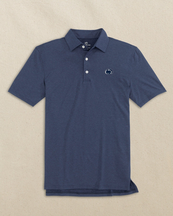 The front view of the Southern Tide Penn State Nittany Lions brrr°®-eeze Heather Polo by Southern Tide - Heather Nautical Navy