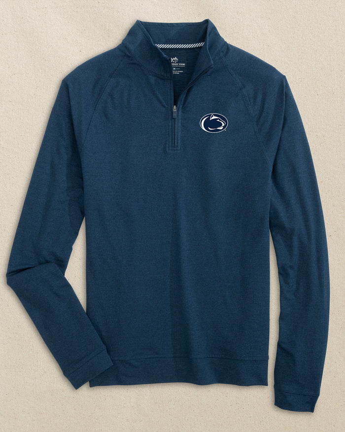 The front view of the Southern Tide Penn State Nittany Lions Cruiser Quarter Zip by Southern Tide - Heather Dress Blue