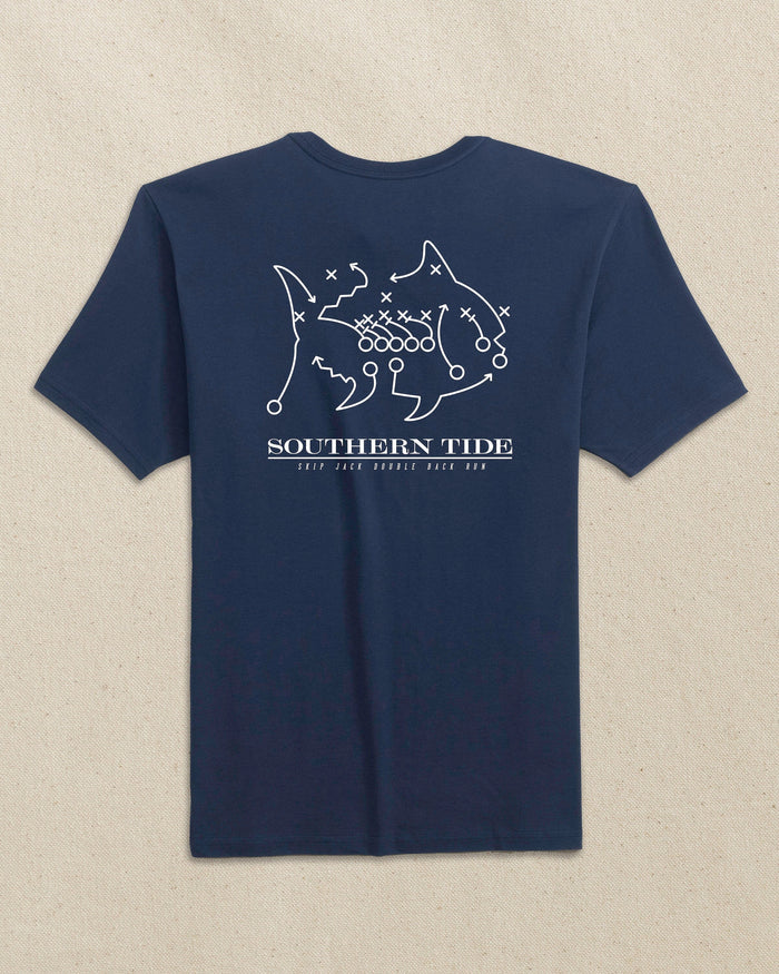 The back view of the Southern Tide Penn State Nittany Lions Skipjack Play Short Sleeve T-Shirt by Southern Tide - Navy and White