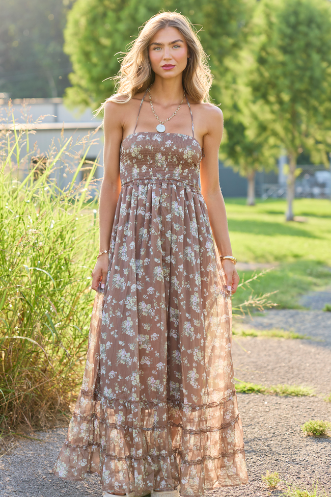 Petals & Sunshine Brown Floral Maxi Dress
