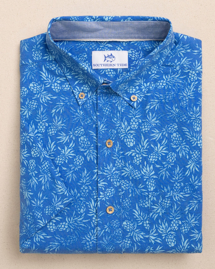 The front view of the Southern Tide Pineapple Parade Linen Rayon Short Sleeve Sport Shirt by Southern Tide - Blue Stream