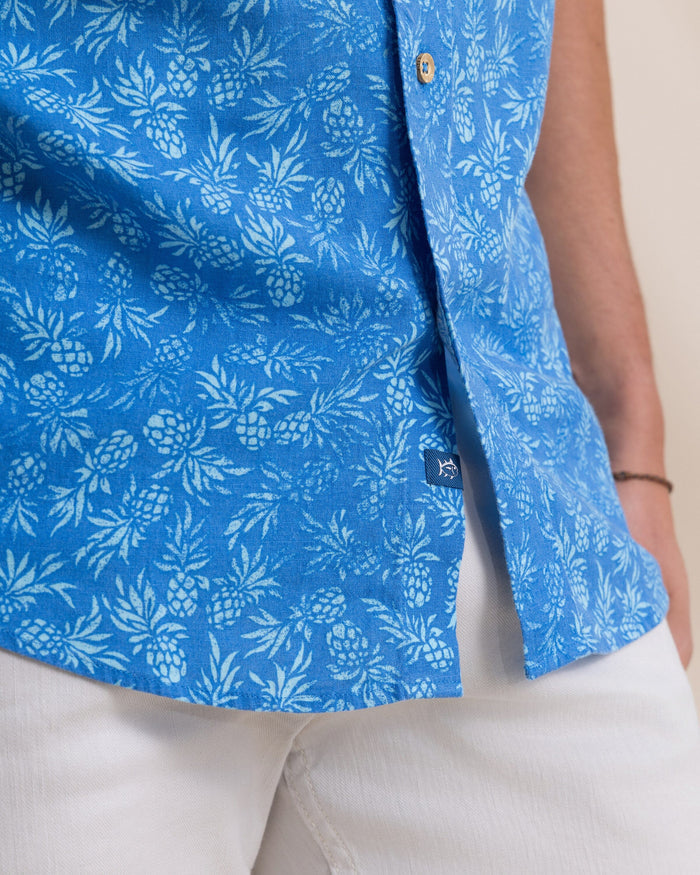 The detail view of the Southern Tide Pineapple Parade Linen Rayon Short Sleeve Sport Shirt by Southern Tide - Blue Stream
