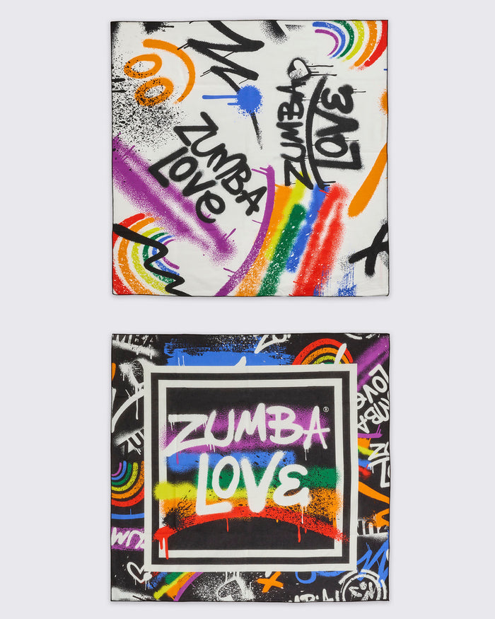 Two Zumba branded bandanas with colorful designs and 'Zumba Love' text on a white background.