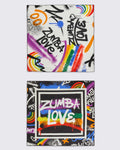 Two Zumba branded bandanas with colorful designs and 'Zumba Love' text on a white background.