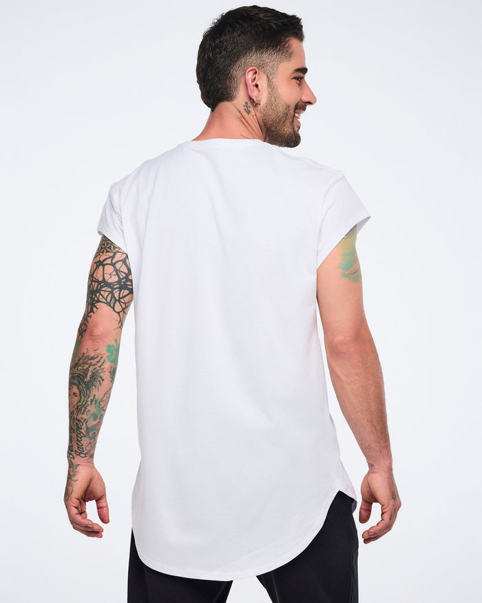 Back view of a male model wearing a white sleeveless shirt against a white background.