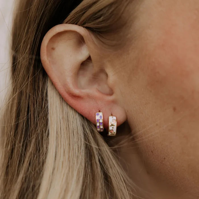 Purple & White Checkered Hoop Earrings