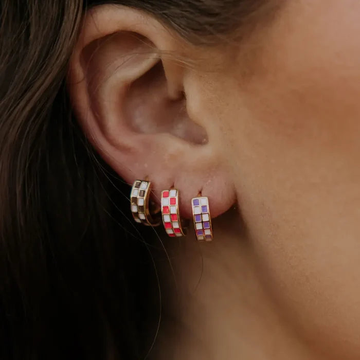 Purple & White Checkered Hoop Earrings