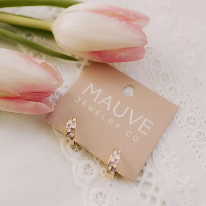 Purple & White Checkered Hoop Earrings