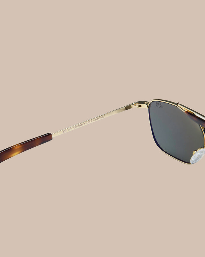 The right detail view of the Southern Tide Quarter Deck Aviator by Southern Tide - Yellow Gold Frame with American Green Lens