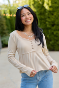 Quiet Charm Neutral Stripe Henley Babydoll Knit Top