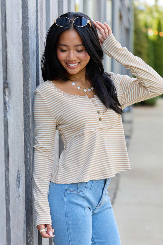 Quiet Charm Neutral Stripe Henley Babydoll Knit Top