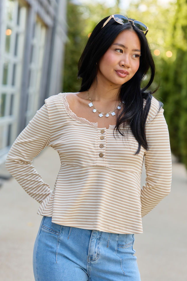 Quiet Charm Neutral Stripe Henley Babydoll Knit Top