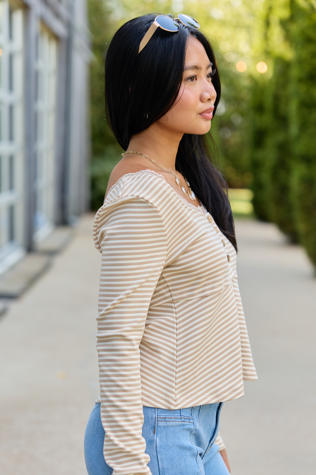 Quiet Charm Neutral Stripe Henley Babydoll Knit Top