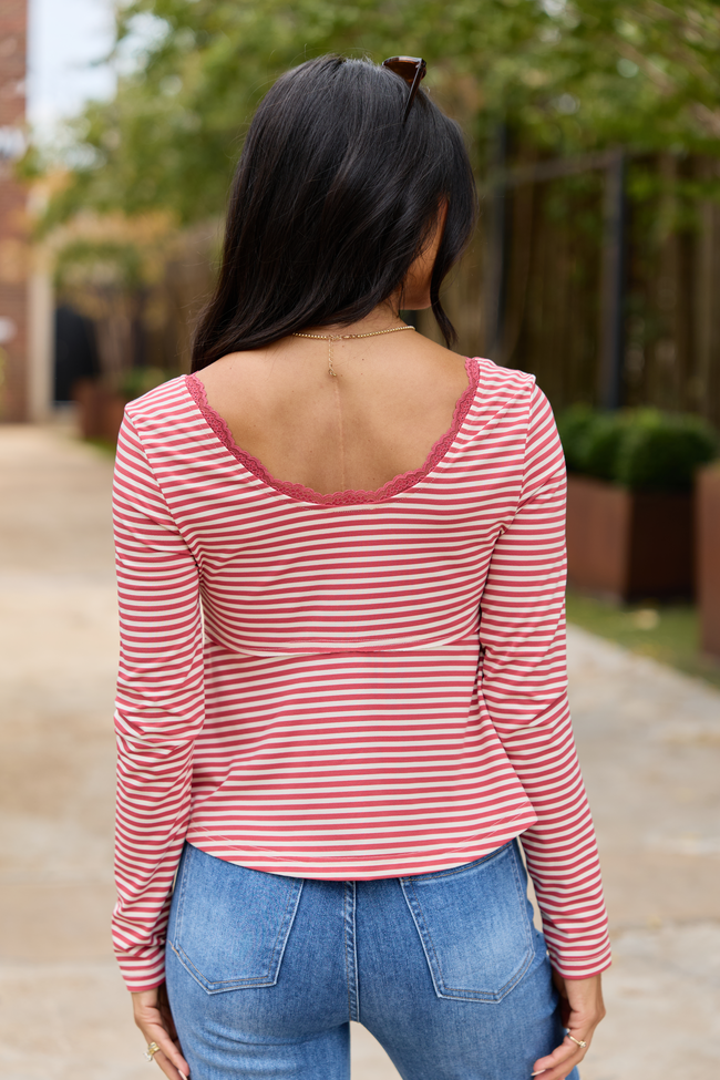 Quiet Charm Red Stripe Henley Babydoll Knit Top