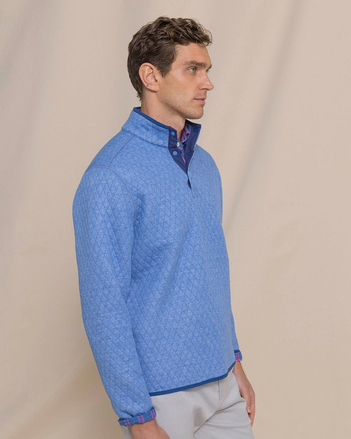 The side view of the Southern Tide Quilted Heather Reversible Quarter Snap by Southern Tide - Heather Ocean Channel