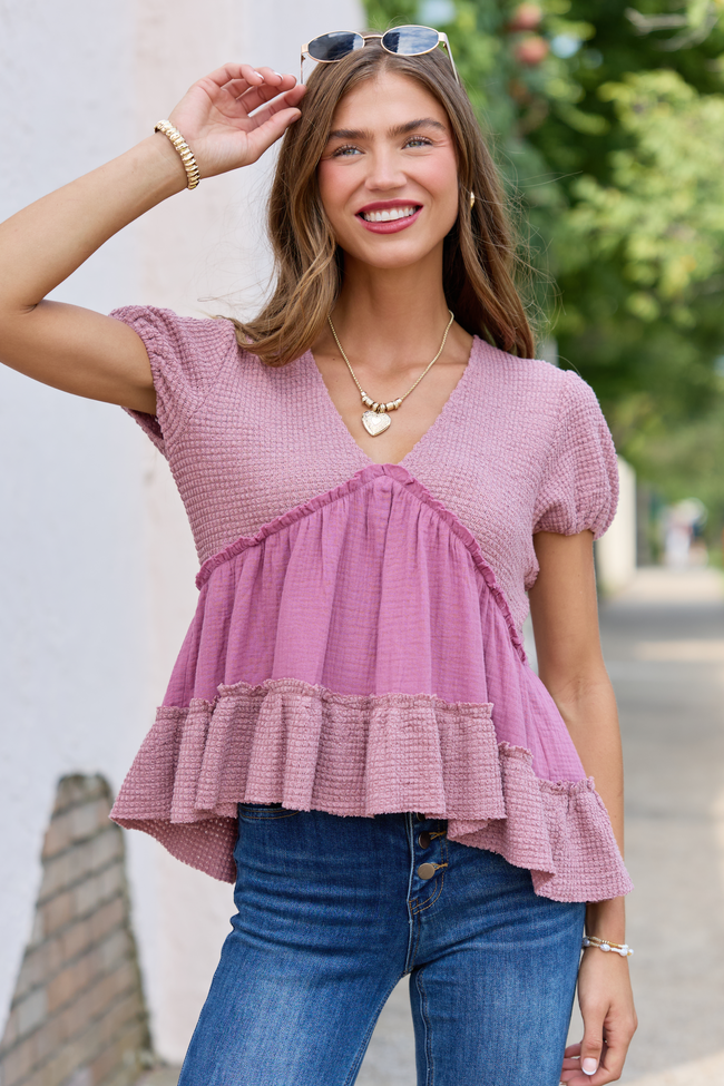 Rays Of Hope Mauve Waffle and Gauze Babydoll Top
