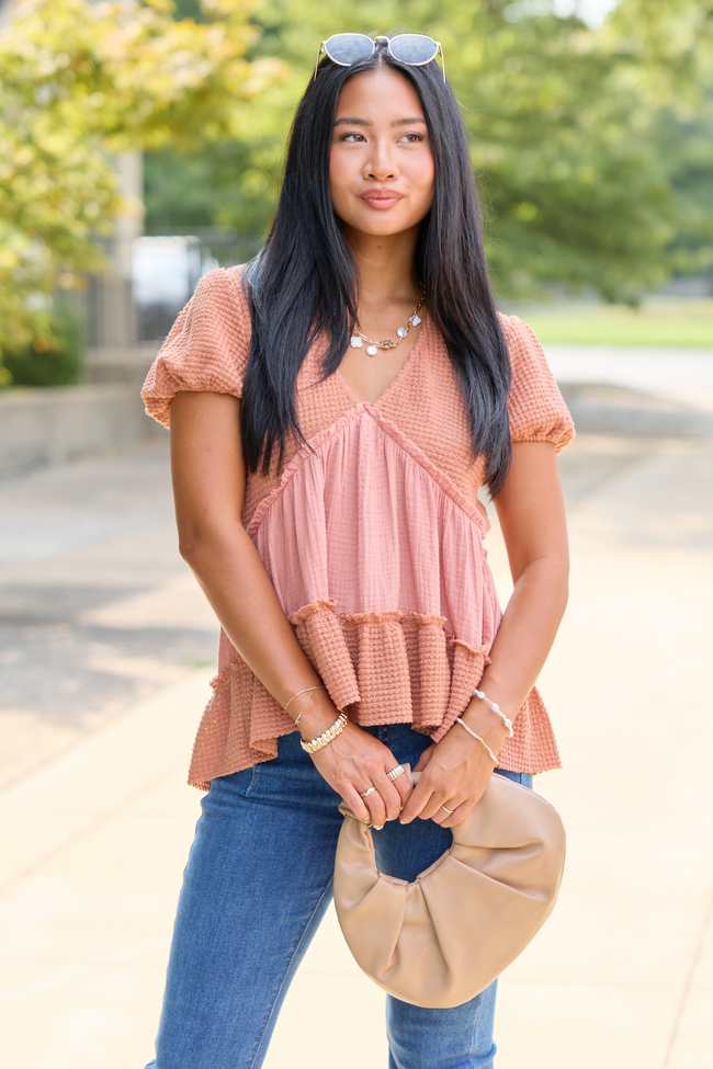 Rays Of Hope Rust Waffle and Gauze Babydoll Top