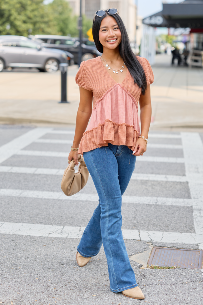 Rays Of Hope Rust Waffle and Gauze Babydoll Top