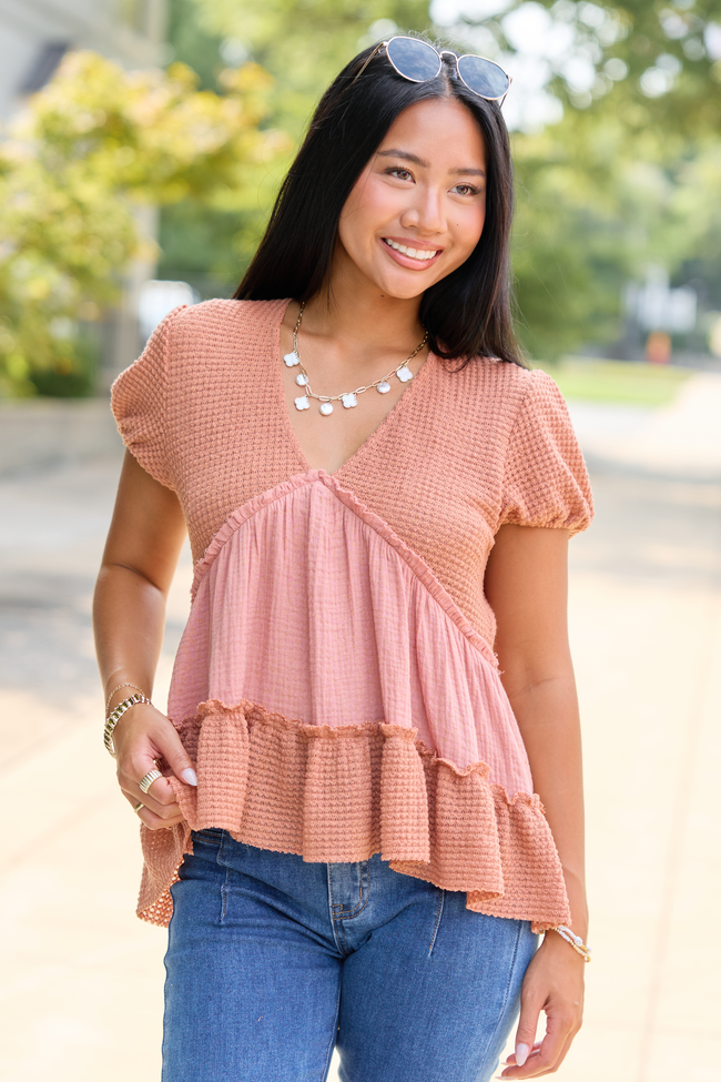 Rays Of Hope Rust Waffle and Gauze Babydoll Top