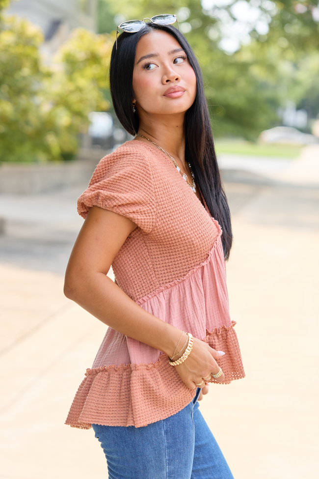 Rays Of Hope Rust Waffle and Gauze Babydoll Top