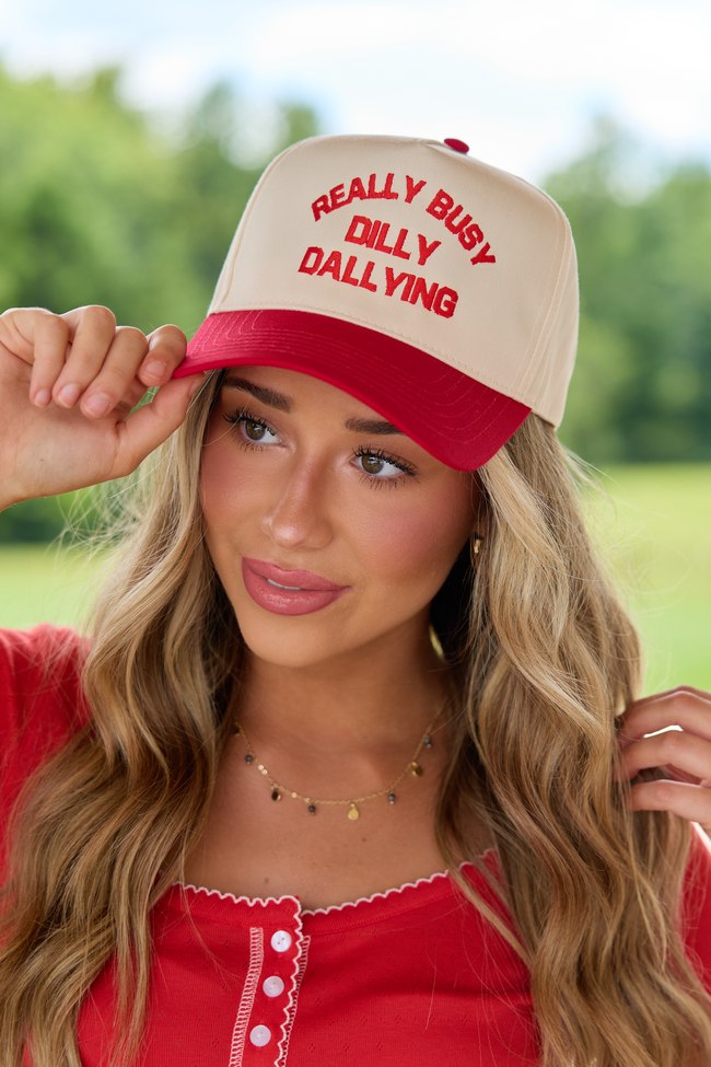 Really Busy Dilly Dallying Natural/Red Embroidered Trucker Hat