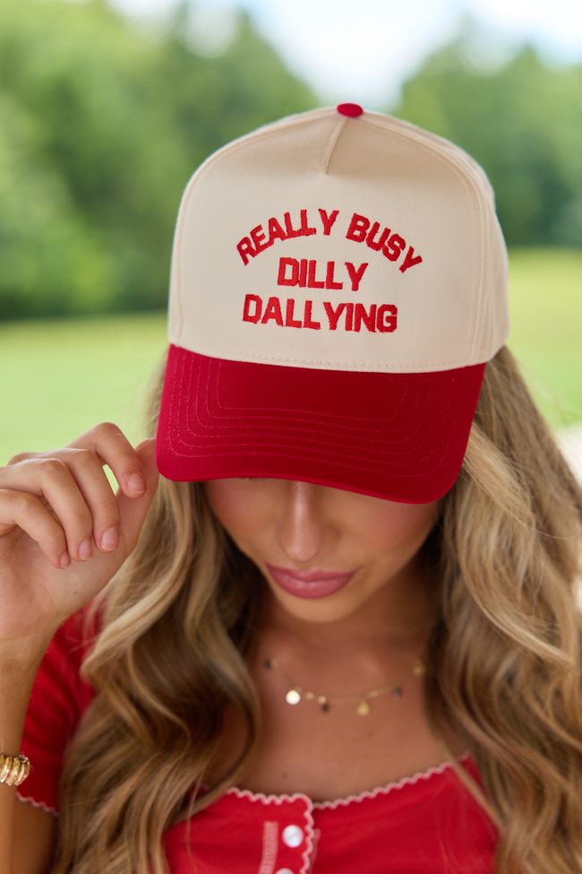 Really Busy Dilly Dallying Natural/Red Embroidered Trucker Hat