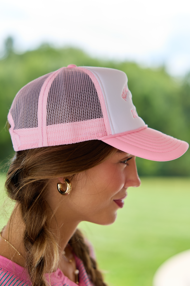 Really Busy Dilly Dallying White/Pink Embroidered Trucker Hat