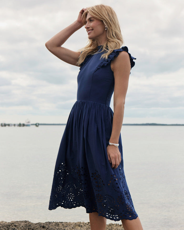 The lifestyle view of the Southern Tide Rebekah Eyelet Midi Dress by Southern Tide - Dress Blue
