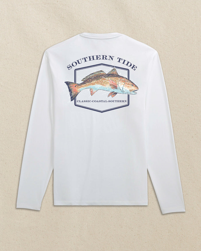 The back view of the Southern Tide Redfish Badge Long Sleeve T-Shirt by Southern Tide - Classic White