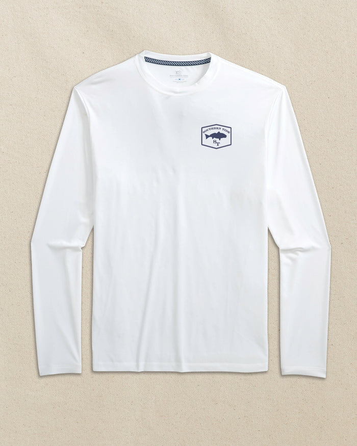 The front view of the Southern Tide Redfish Badge Long Sleeve T-Shirt by Southern Tide - Classic White