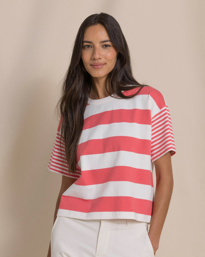 The front view of the Southern Tide Remi Mixed Stripe Boxy Tee by Southern Tide - Coral Beach
